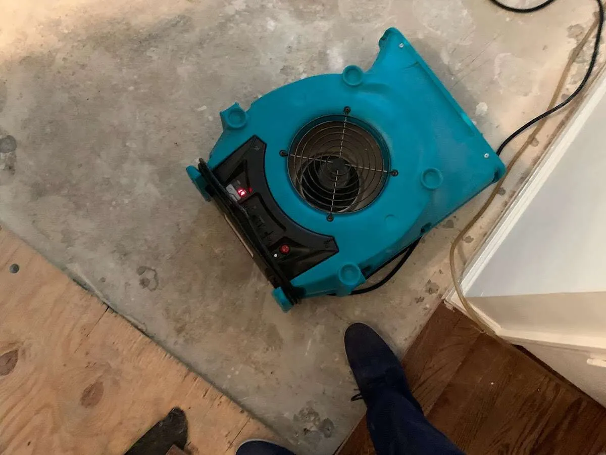 Air mover drying subfloor during Commercial Water Damage Restoration in Reisterstown